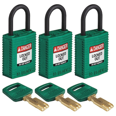 Brady CPT-GRN-25PL-KA3PK - Lockout Padlock, Keyed Alike, Nylon, Green, 1 in Shackle Height, 1 1/4 in Body Width, 3 No. of Keys
