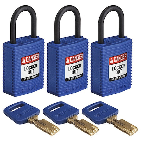 Brady CPT-BLU-25PL-KA3PK - Lockout Padlock, Keyed Alike, Nylon, Blue, 1 in Shackle Height, 1 1/4 in Body Width, 3 No. of Keys