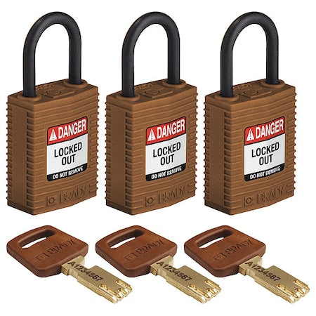 Brady CPT-BRN-25PL-KA3PK - Lockout Padlock, Keyed Alike, Nylon, Brown, 1 in Shackle Height, 1 1/4 in Body Width, 3 No. of Keys