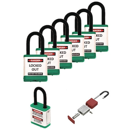 Zing 700KA6-GREEN - Lockout Padlock, Keyed Alike, Aluminum, Green, 1 1/2 in Shackle Height, 1 1/2 in Body Width, 6 PK
