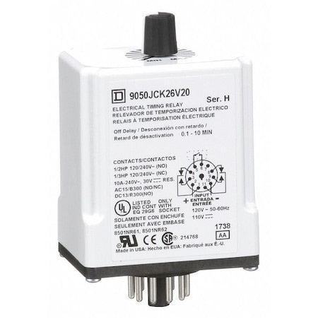 Schneider Electric 9050JCK26V20 - Single Function Time Delay Relay, Octal, Off Delay, 1 Functions 110 V AC, DPDT