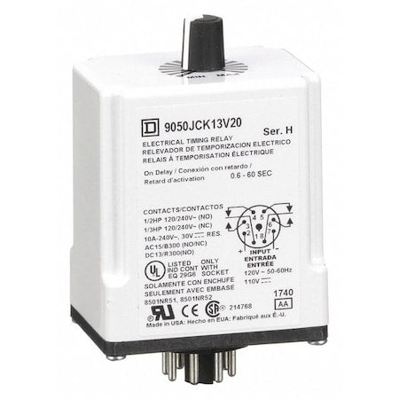 Schneider Electric 9050JCK13V20 - Single Function Time Delay Relay, Octal, On Delay, 1 Functions 120 V DC, DPDT