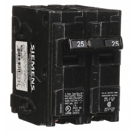 Siemens Q225 - Miniature Circuit Breaker, Q Series, 25 A, 2 Pole, 120/240 V AC, 10k A at 120 V AC