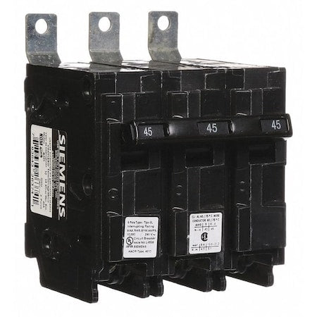 Siemens B345 - Miniature Circuit Breaker, BL Series, 45 A, 3 Pole, 240 V AC, 10k A at 240 V AC