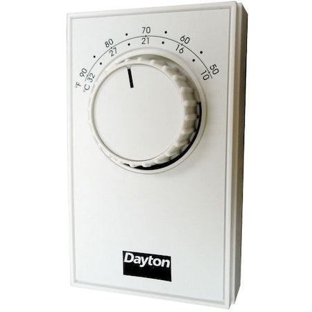 Dayton 6GVX8C - Line Volt Mechanical Tstat, Cool, 50-90 Degrees F, 120 to 277 VAC, Exposed Dial, Plastic