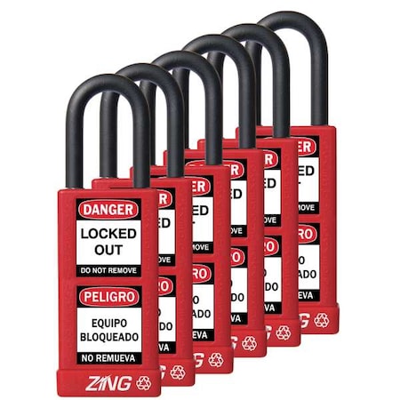 Zing 7087 - Lockout Padlock, Keyed Alike, Aluminum, Red, 1 1/2 in Shackle Height, 1 1/2 in Body Width, 6 PK