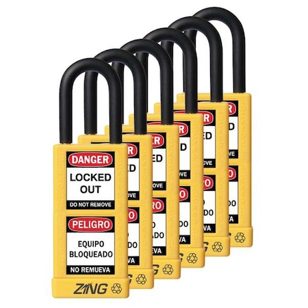 Zing 7093 - Lockout Padlock, Keyed Alike, Aluminum, Yellow, 1 1/2 in Shackle Height, 1 1/2 in Body Width, 6 PK