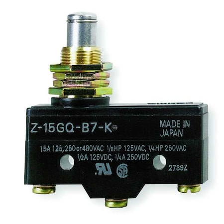 Omron A-20GQ-B7-K - Industrial Snap Action Switch, Panel Mount, Plunger Actuator, SPDT, 20 A at 480 V AC Contact Rating