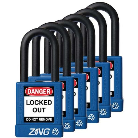 Zing 7065 - Lockout Padlock, Keyed Alike, Aluminum, Blue, 1 1/2 in Shackle Height, 1 1/2 in Body Width, 6 PK