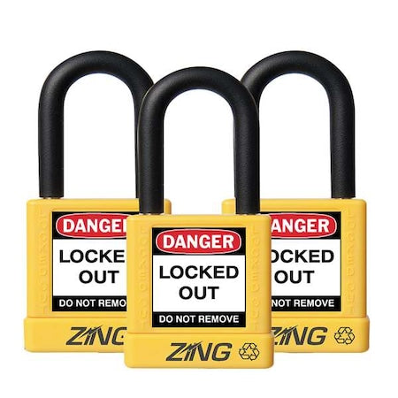 Zing 7068 - Lockout Padlock, Keyed Alike, Aluminum, Yellow, 1 1/2 in Shackle Height, 1 1/2 in Body Width, 3 PK