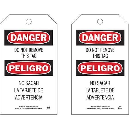 Brady 86468 - Danger Bilingual Tag, Lockout Tagout, Polyester, 7 in H x 4 in W, Black, Red, White, Rectangle