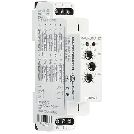 Macromatic TE-8812U - Multifunction Time Delay Relay, Square, Multi Function, 10 Functions 12 to 240 V AC/DC, DPDT