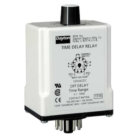 Dayton 1EGC6 - Single Function Time Delay Relay, Octal, Off Delay, 1 Functions 120 V AC/DC, DPDT