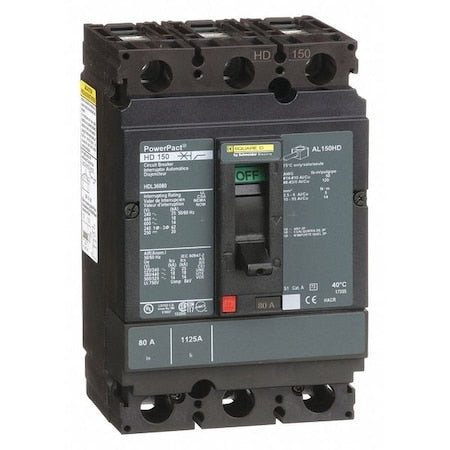 Square D HDL36080 - Molded Case Circuit Breaker, POWERPACT H Series, 80 A, 3 Pole, 600 V AC, 25k A at 240 V AC