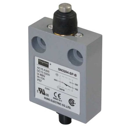 Dayton 12T932 - Limit Switch, Plunger, SPDT, 10 A at 300 V AC, Actuator Location: Top