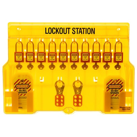 Master Lock 1483BP410 - Lockout Station, Wall Mounted, 10-Lock Covered Station with 410 RED Zenex Thermoplastic Padlocks