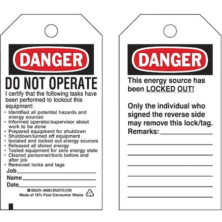 Brady 65450 - Danger Tag, Danger, Cardstock, 3 in Width, 5 3/4 in Height, Write On Surface: Yes ,25 PK