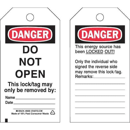 Brady 66060 - Danger Tag, Danger, Polyester, 3 in Width, 5 3/4 in Height, Write On Surface: Yes ,25 PK