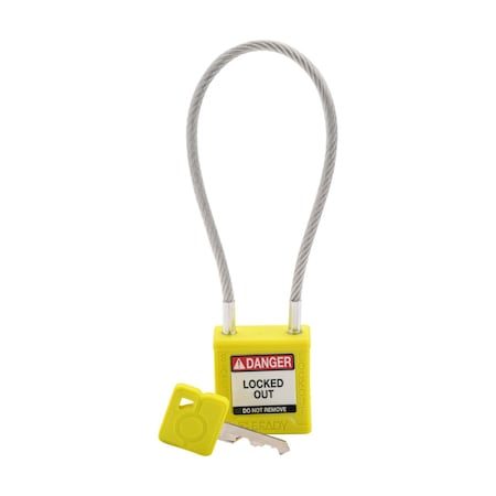 Brady CPPL-YLW-200CB-KD - Velocity 8in Compact Cable Lockout Padlocks Nylon 4in Shackle Clearance KD YL