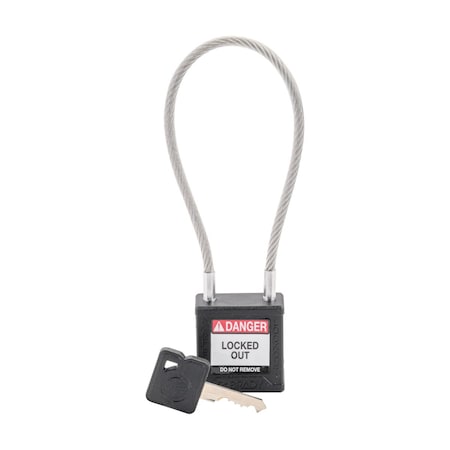 Brady CPPL-BLK-200CB-KD - Velocity 8in Compact Cable Lockout Padlocks Nylon 4in Shackle Clearance KD Black