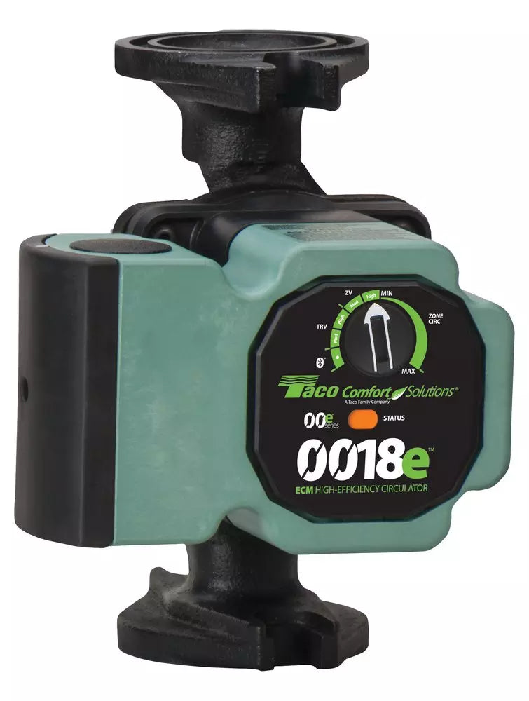 Taco 0018e ECM high-efficiency variable speed circulator pump, front view with integrated Bluetooth control dial.