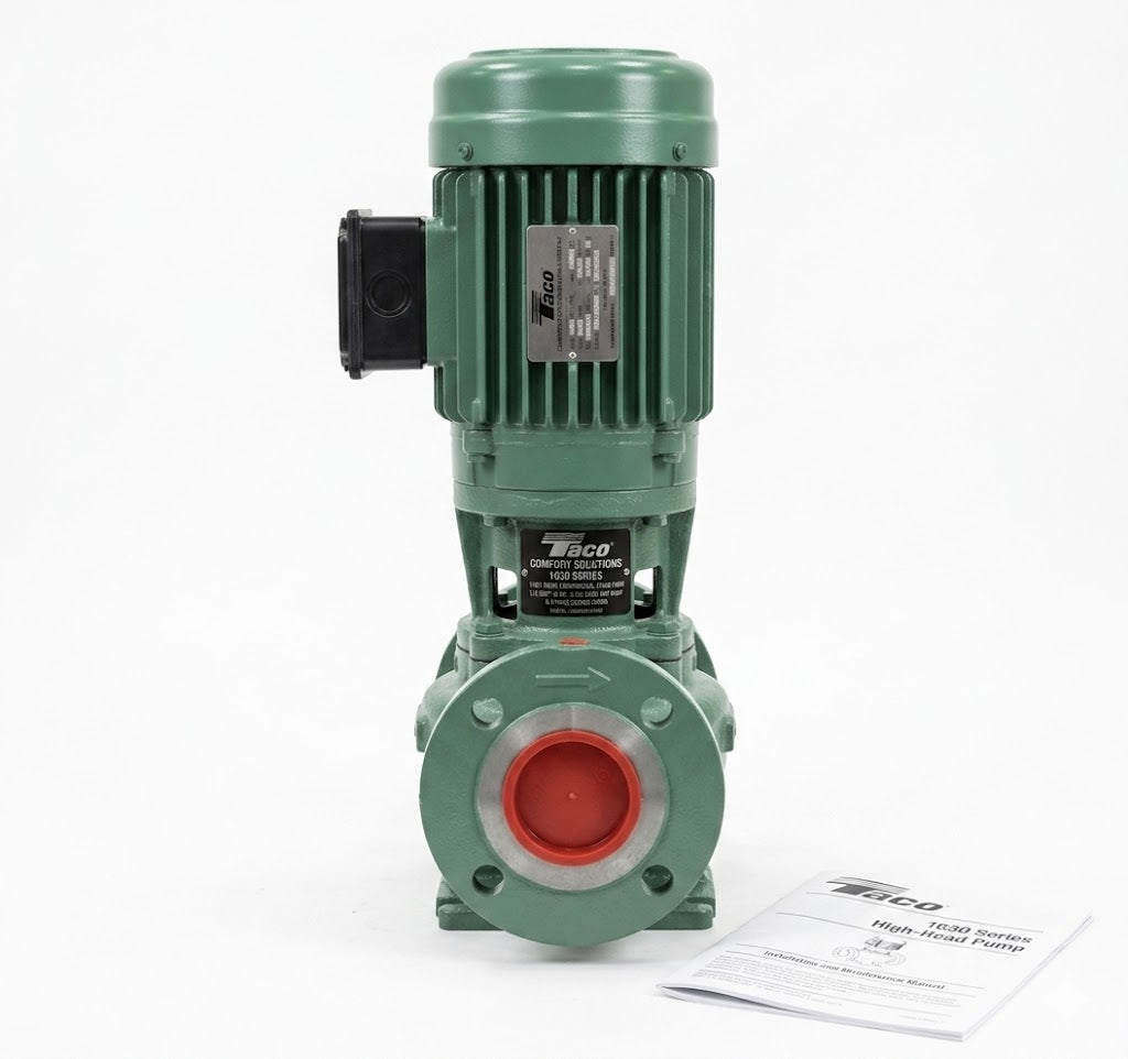 Front view of a green Taco Comfort Solutions 1630 Series High-Head Commercial Inline Pump on a clean white background, shown with an official instruction manual.
