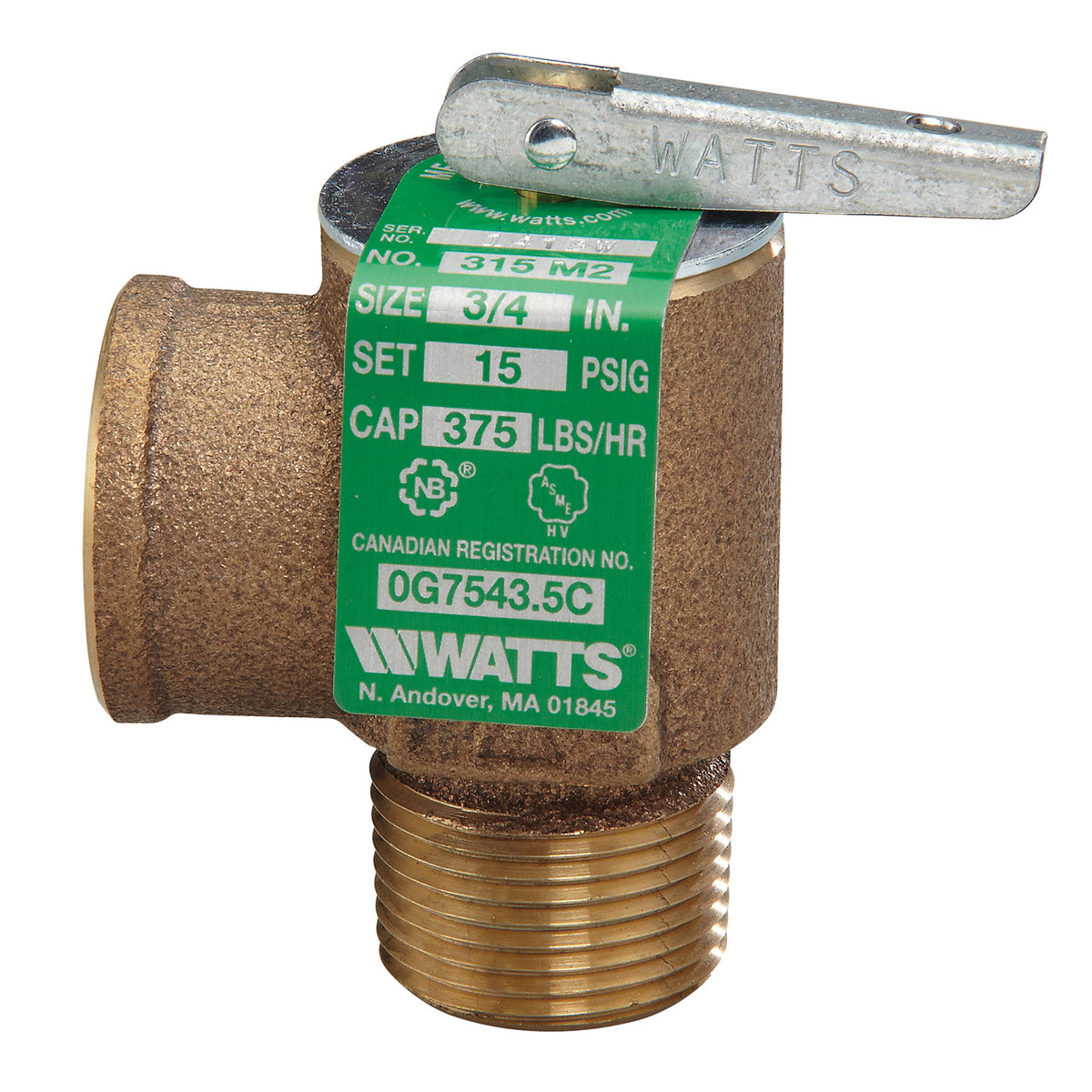 Watts 315M2 3/4" 15 PSI Steam Safety Relief Valve 375 Lbs/Hr 0342629
