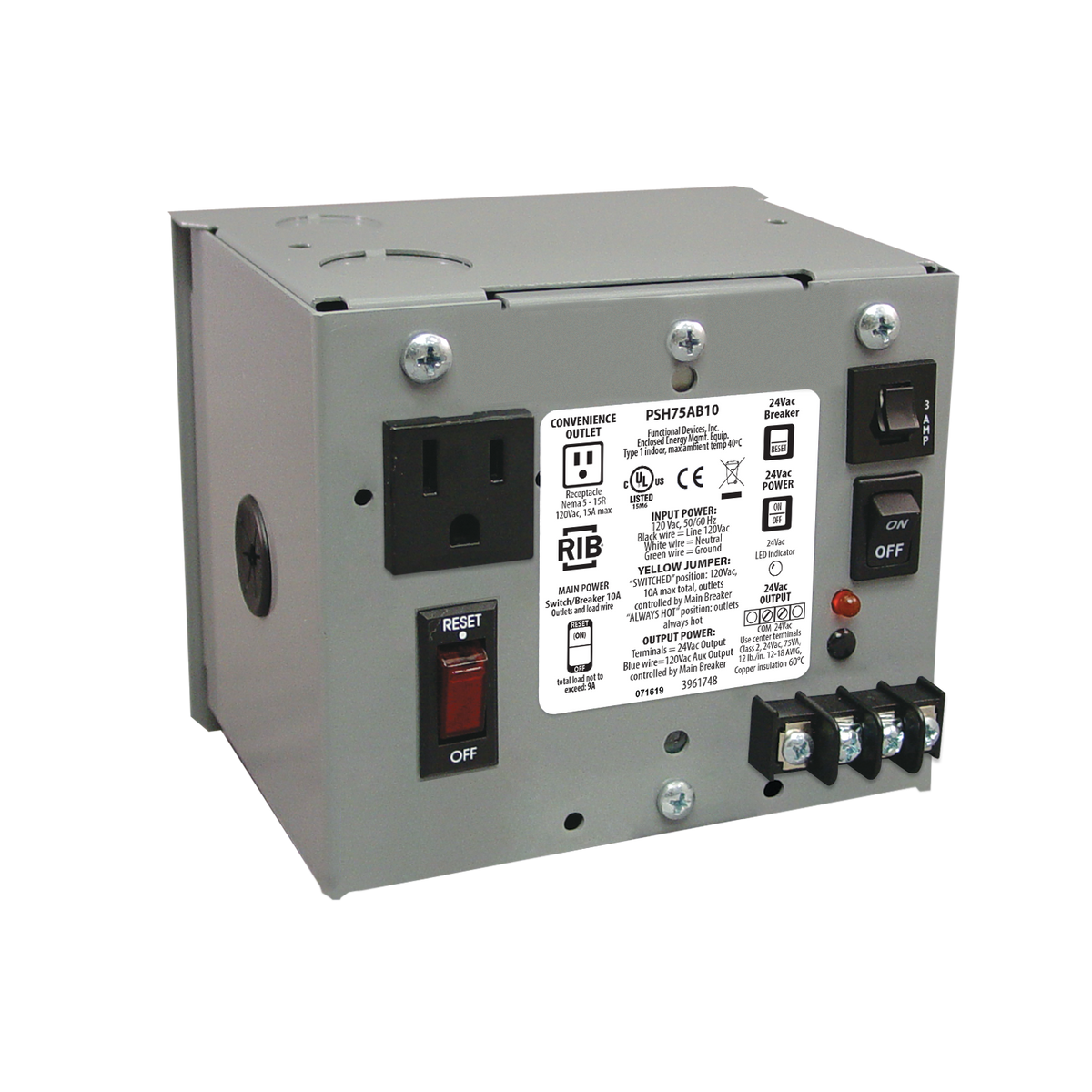 RIB Relays PSH75AB10 Enclosed Single 75va Multi-tap To 24vac Ul Class Ii Pwr Supp 10a Main Breaker