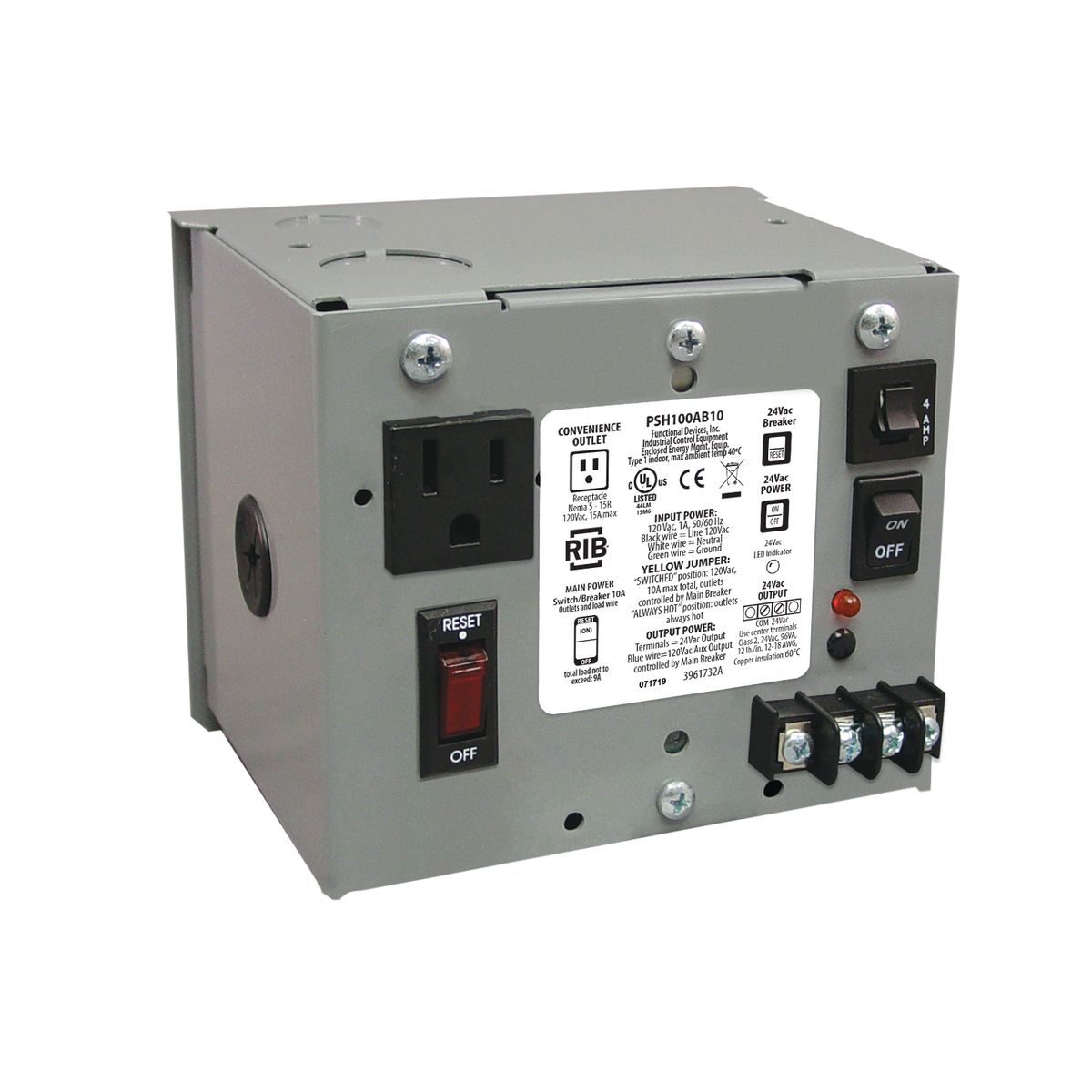 RIB Relays PSH100AB10 Enclosed Single 100va 120 To 24vac Ul Class II Power Supply 10a Main Breaker