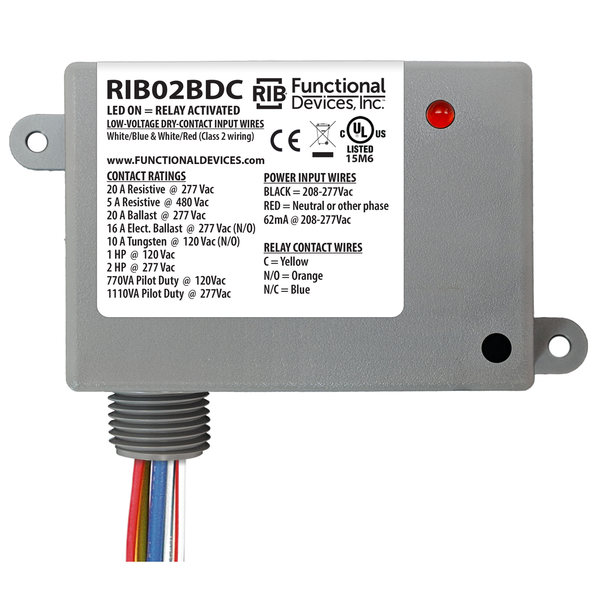 RIB Relays RIB02BDC Enclosed Relay Class 2 Dry Contact input208-277vac Pwr 20a Spdt