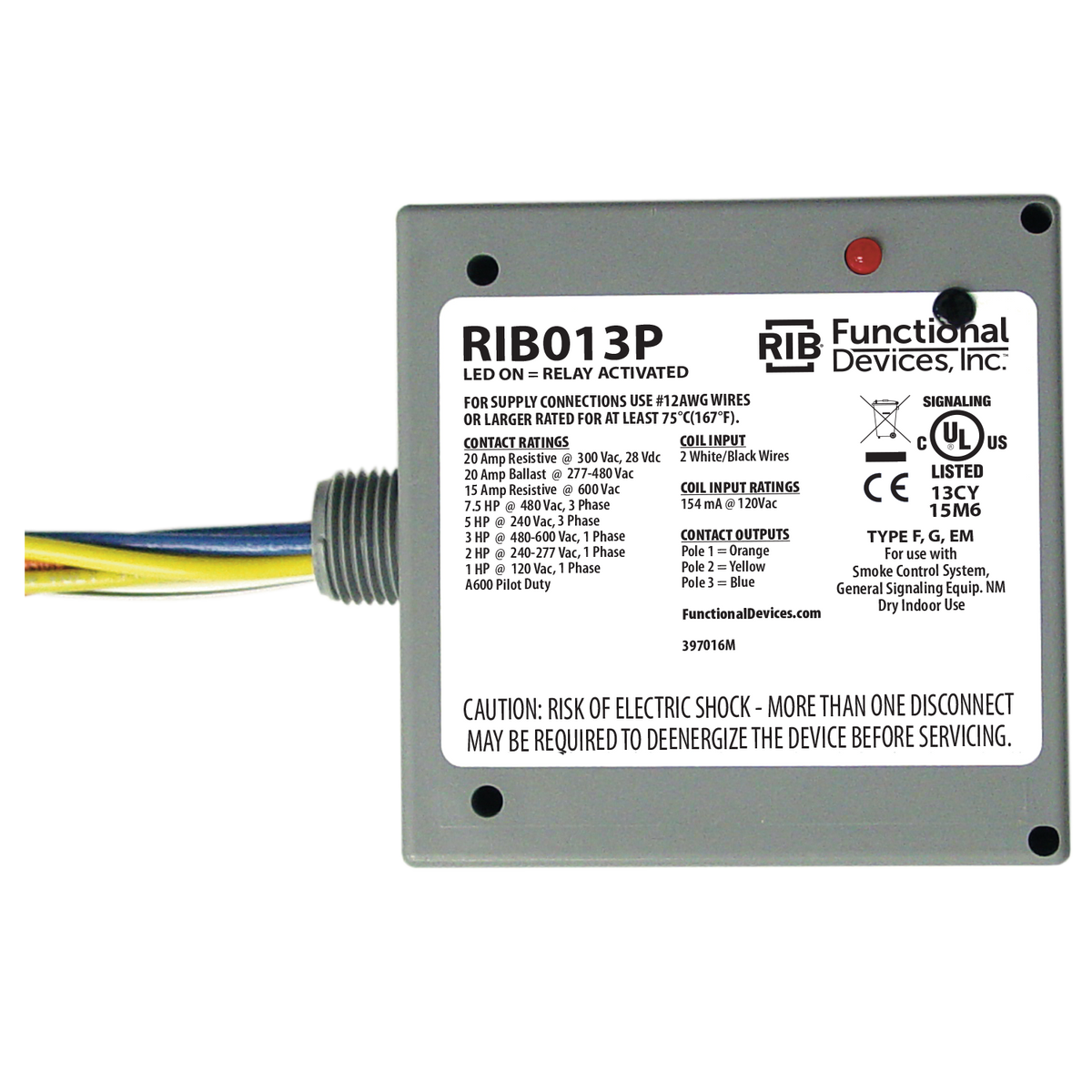 RIB Relays RIB013P Enclosed Relay 20amp Tpst 120vac