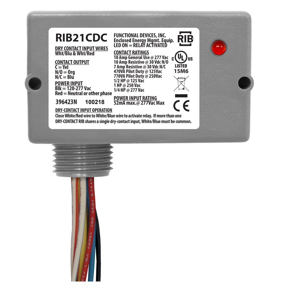 RIB Relays RIB21CDC Enclosed Pilot Relayclass2 Dry Contact Input120-277vac Pwr 10a Spdt