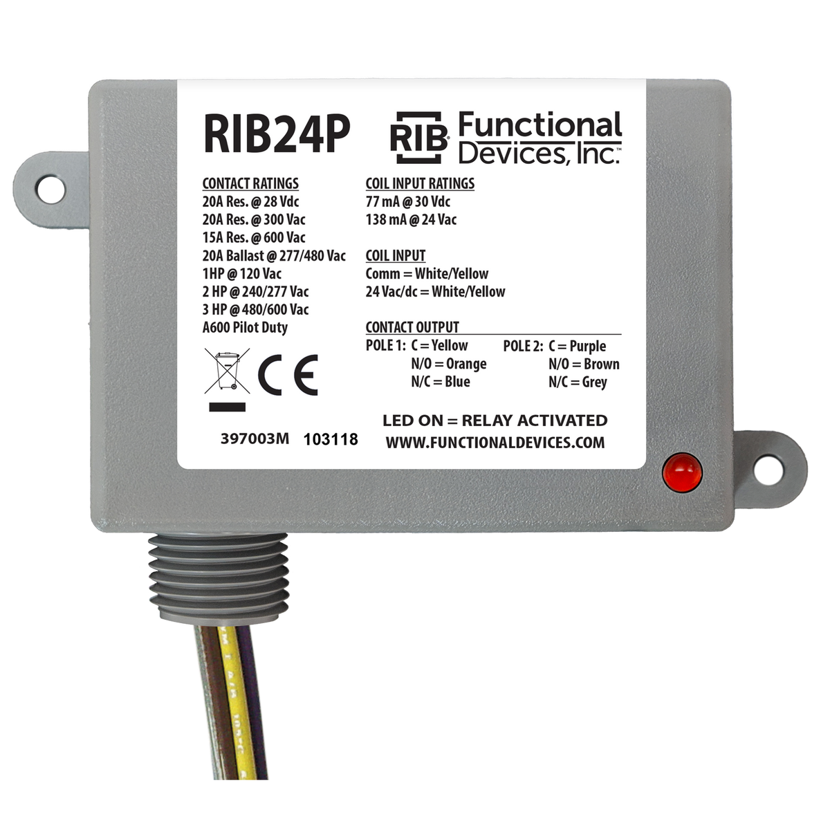 RIB Relays RIB24P Enclosed Relay 20amp Dpdt 24vac/dc