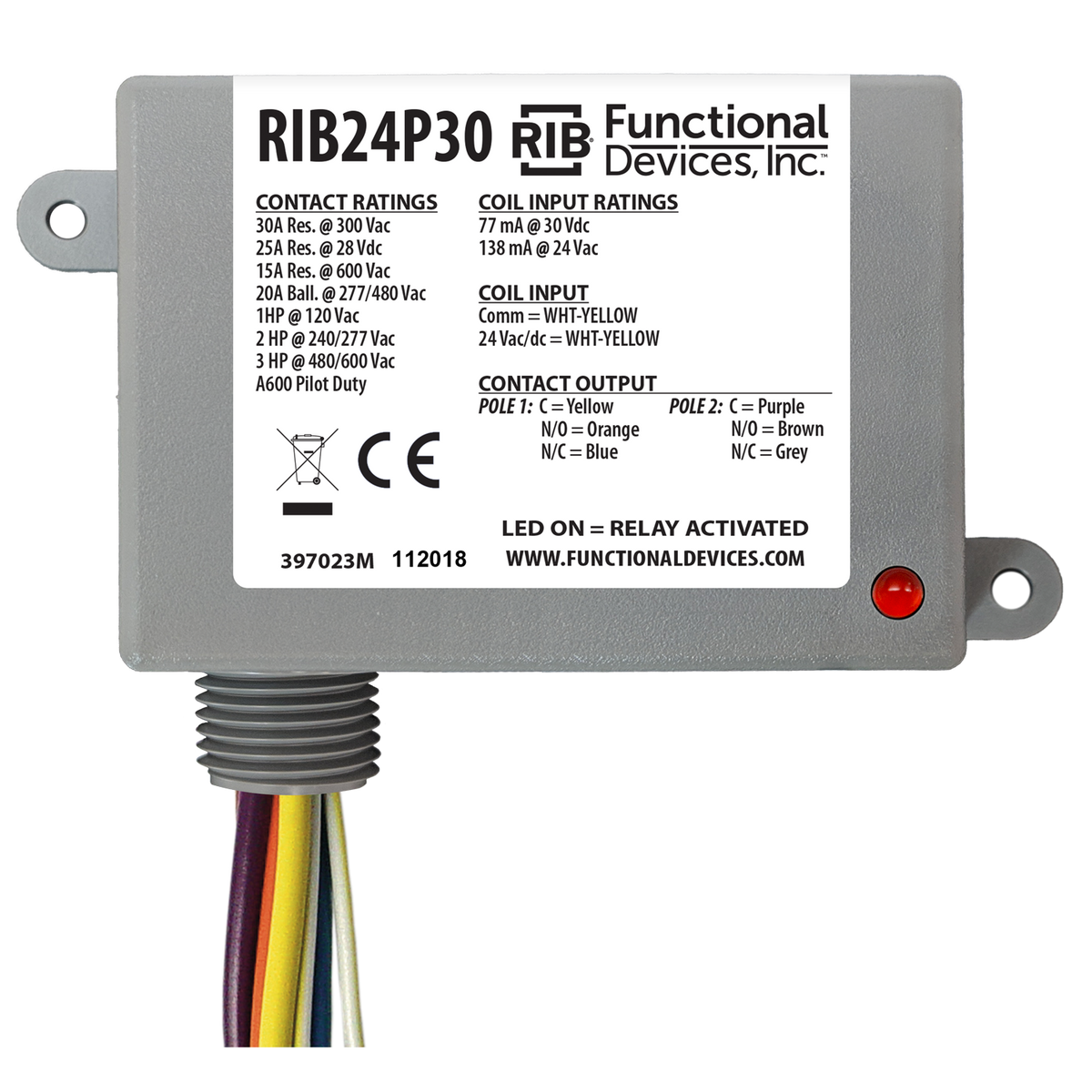 RIB Relays RIB24P30 Enclosed Relay 30amp Dpdt 24vac/dc