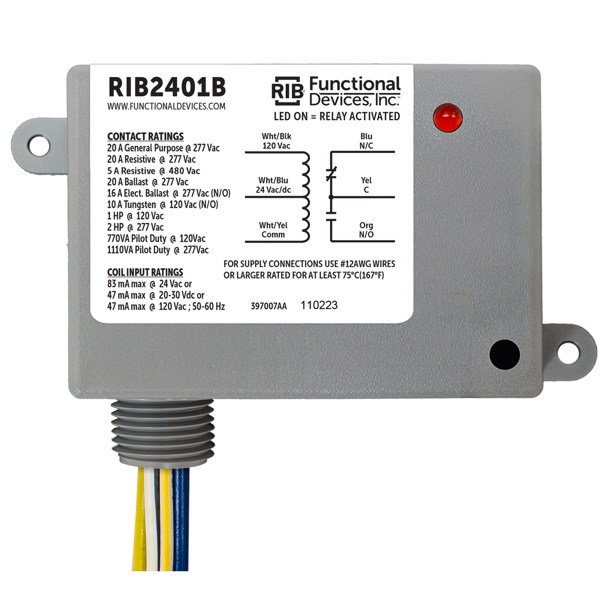 RIB Relays RIB2401B Enclosed Relay 20amp Spdt 24vac/dc/120vac