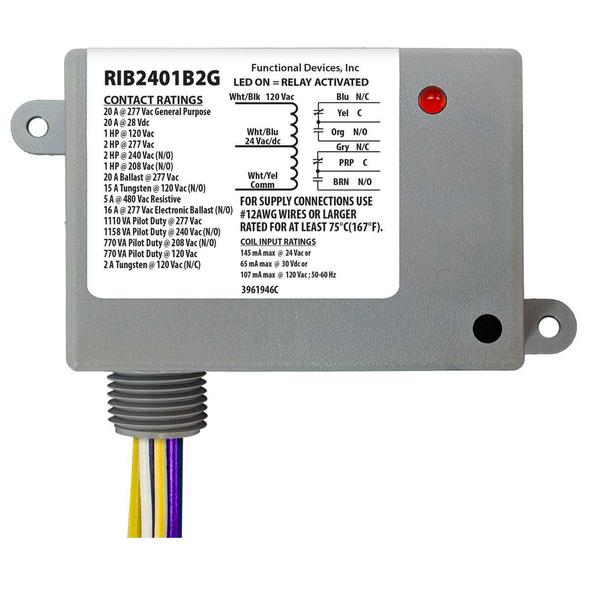 RIB Relays RIB2401B2G Enclosed Relay 20amp Dpdt w/24 Vac/dc/120 Vac Coil