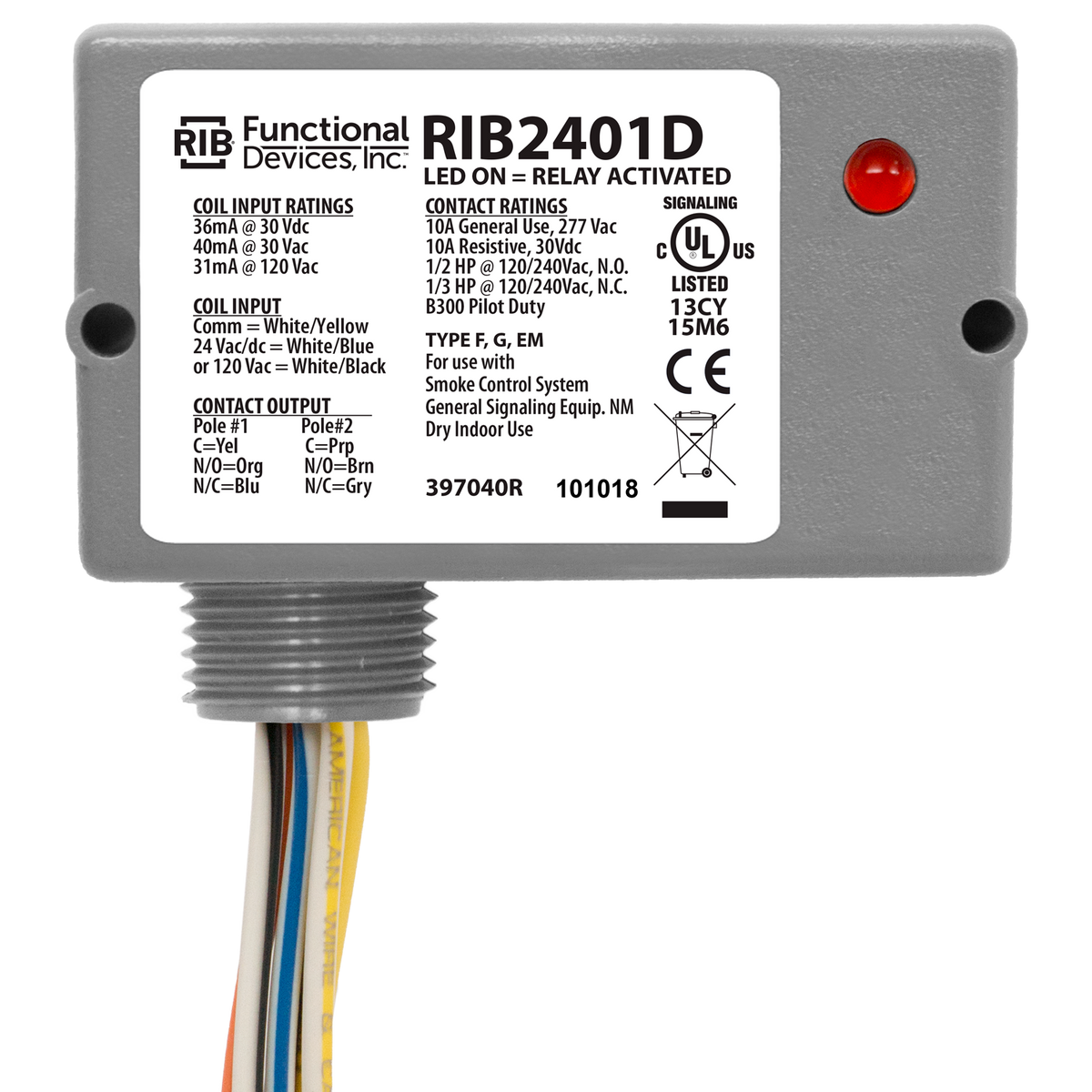 RIB Relays RIB2401D Enclosed Relay 10amp Dpdt 24vac/dc/120vac