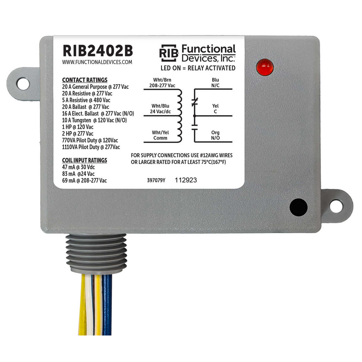RIB Relays RIB2402B Enclosed Relay 20amp Spdt 24vac/dc/208-277vac