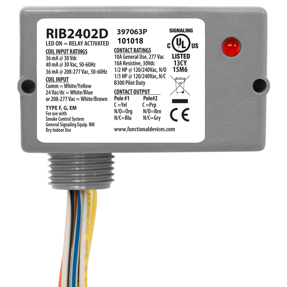 RIB Relays RIB2402D Enclosed Relay 10amp Dpdt 24vac/dc/208-277vac