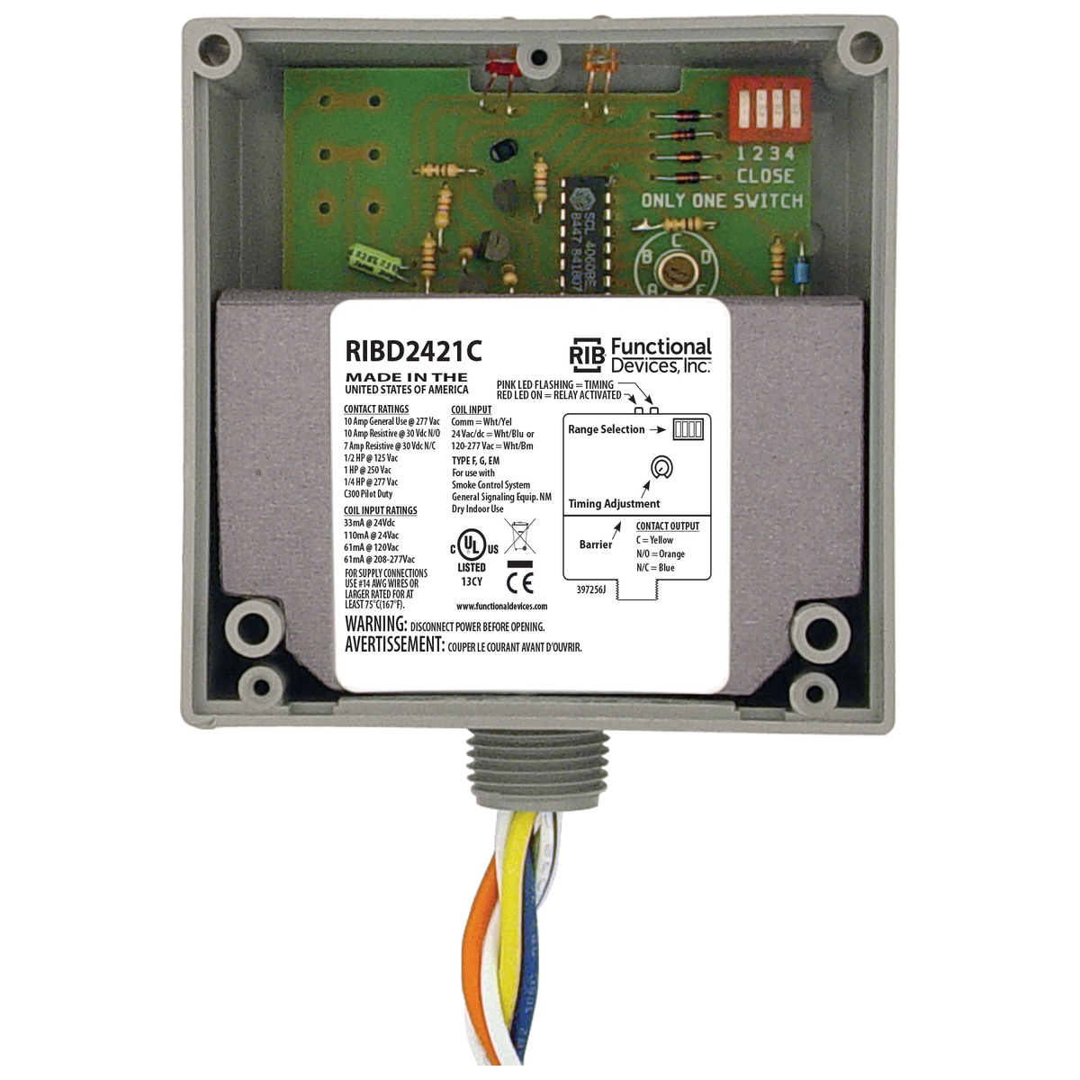 RIB Relays RIBD2421C Spdt Enclosed Pilot Relay 10 Amp With 24vac/dc 120-277vac Coil Includes Timer