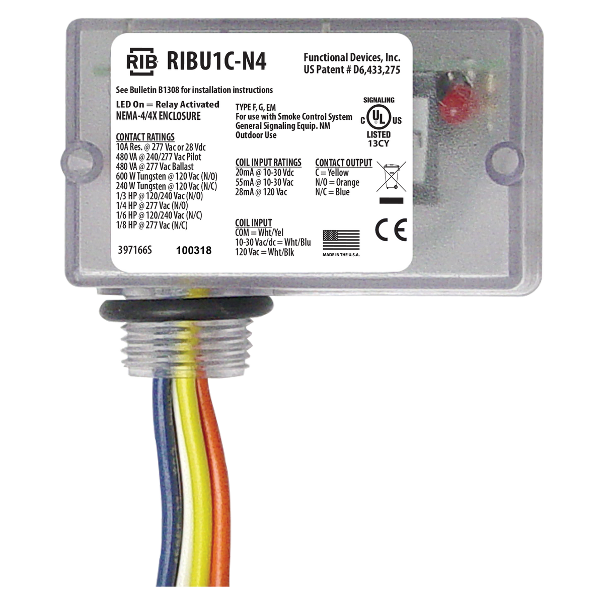 RIB Relays RIBU1C-N4 Enclosed Relay Nema4/4x 10amp Spdt 10-30vac/dc/120vac