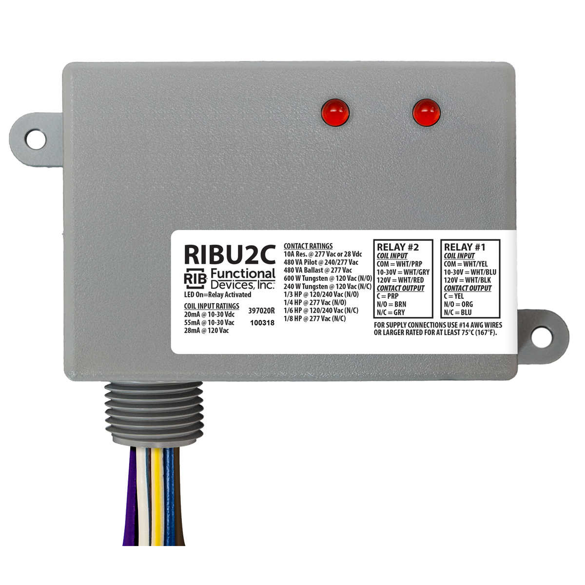 RIB Relays RIBU2C Enclosed Relays 10amp 2 Spdt 10-30vac/dc/120vac