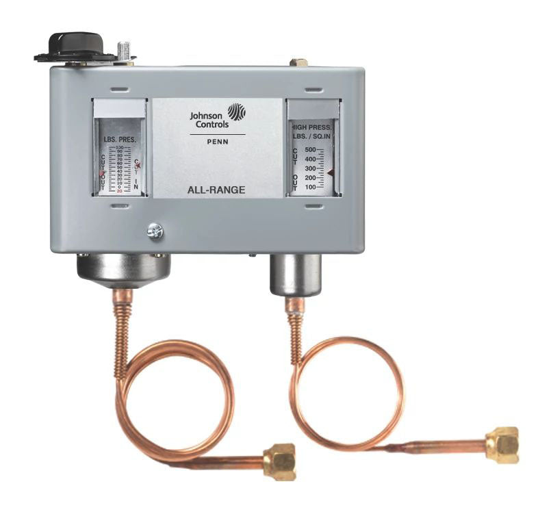 Johnson P70LB-1C Spst Dual Pressure Control 20/100 LS Psig HS 100/500 Psig W/Knob 36" Cap.