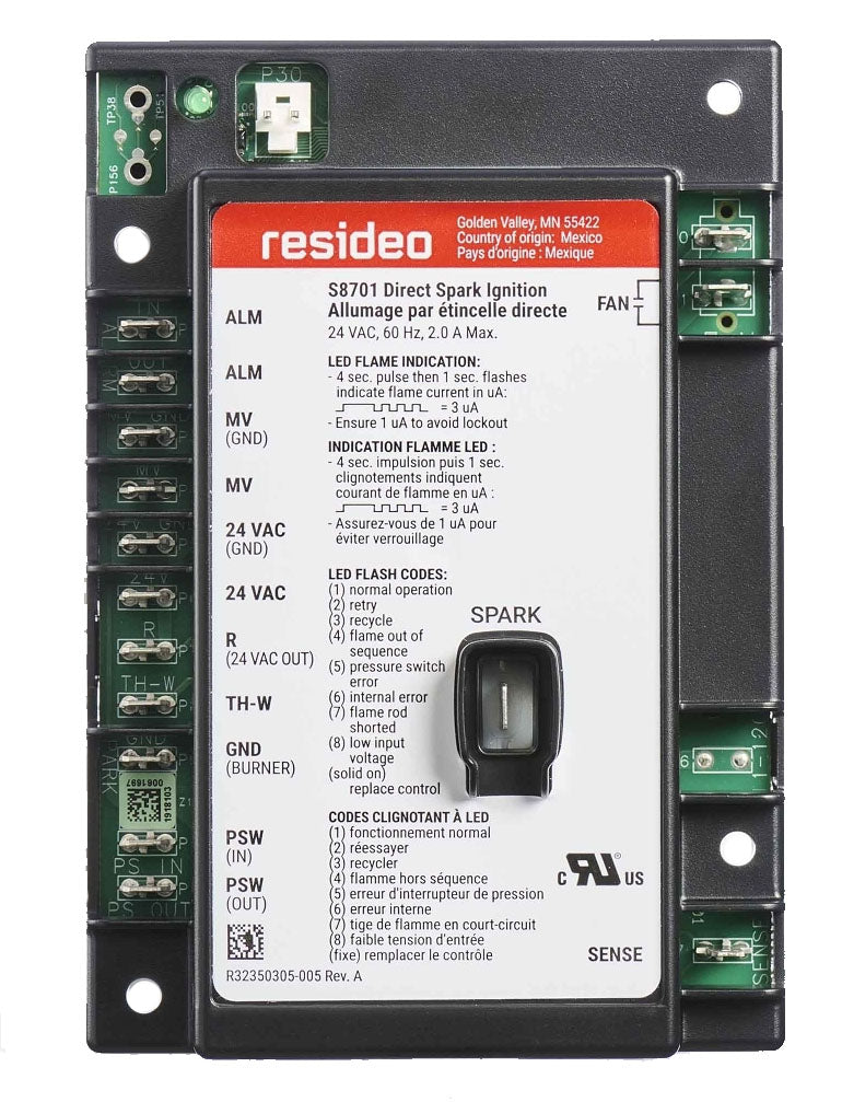 Honeywell Residential S8701A1018 Direct Spark Ignition Control. 1 Trial For Ignition With 11 Sec Trial Time.