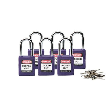 Brady 118952 - Lockout Padlock, Keyed Alike, Nylon, Purple, 1 1/2 in Shackle Height, 1 1/2 in Body Width, 6 PK