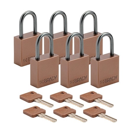 Brady CPAL-BRN-25AL-KA6 - Lockout Padlock, Keyed Alike, Aluminum, Brown, 1 in Shackle Height, 1 1/4 in Body Width, 6 PK