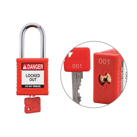 Brady SDPL-RED-38ST-001 - Keyed Alike Padlock Unique Set Nylon Red 1.5 in Steel Shackle Keycode 1