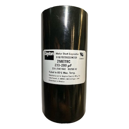 Dayton 2MET9 - Motor Start Capacitor, 220 to 250 V AC, 216-259 mfd, Round, 4 3/8 in Case Ht, 2 1/16 in Dia