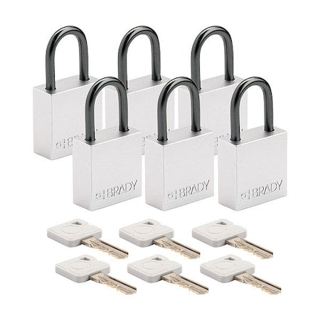 Brady CPAL-WHT-25AL-KA6 - Lockout Padlock, Keyed Alike, Aluminum, Silver, 1 in Shackle Height, 1 1/4 in Body Width, 6 PK