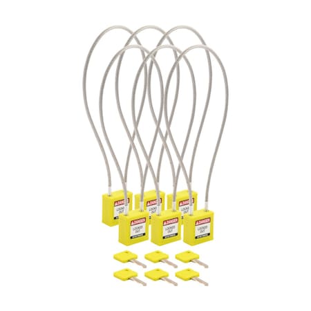 Brady CPPL-YLW-400CB-KA6 - Velocity 16in Compact Cable Lockout Padlocks Nylon 8in Shackle Clearance KA YL 6 PK